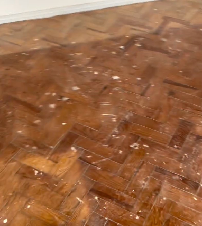 Parquet avant réparation de rayures, finition usée et marques de surface
