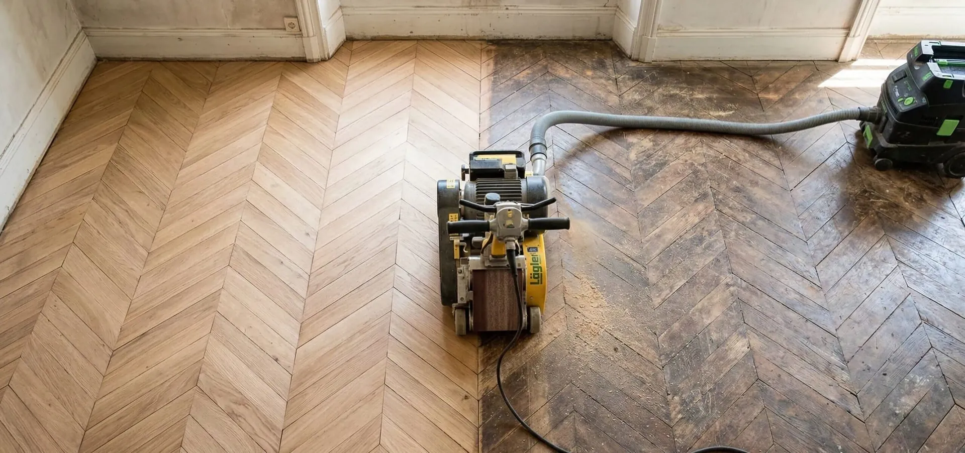 Afagamento de parquet em espinha de peixe em Lisboa, com máquina profissional Lägler