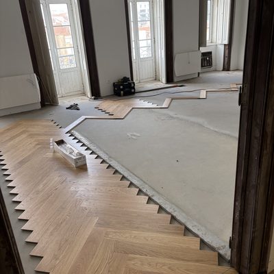 Parquet chevron - obra em curso, vista panorâmica